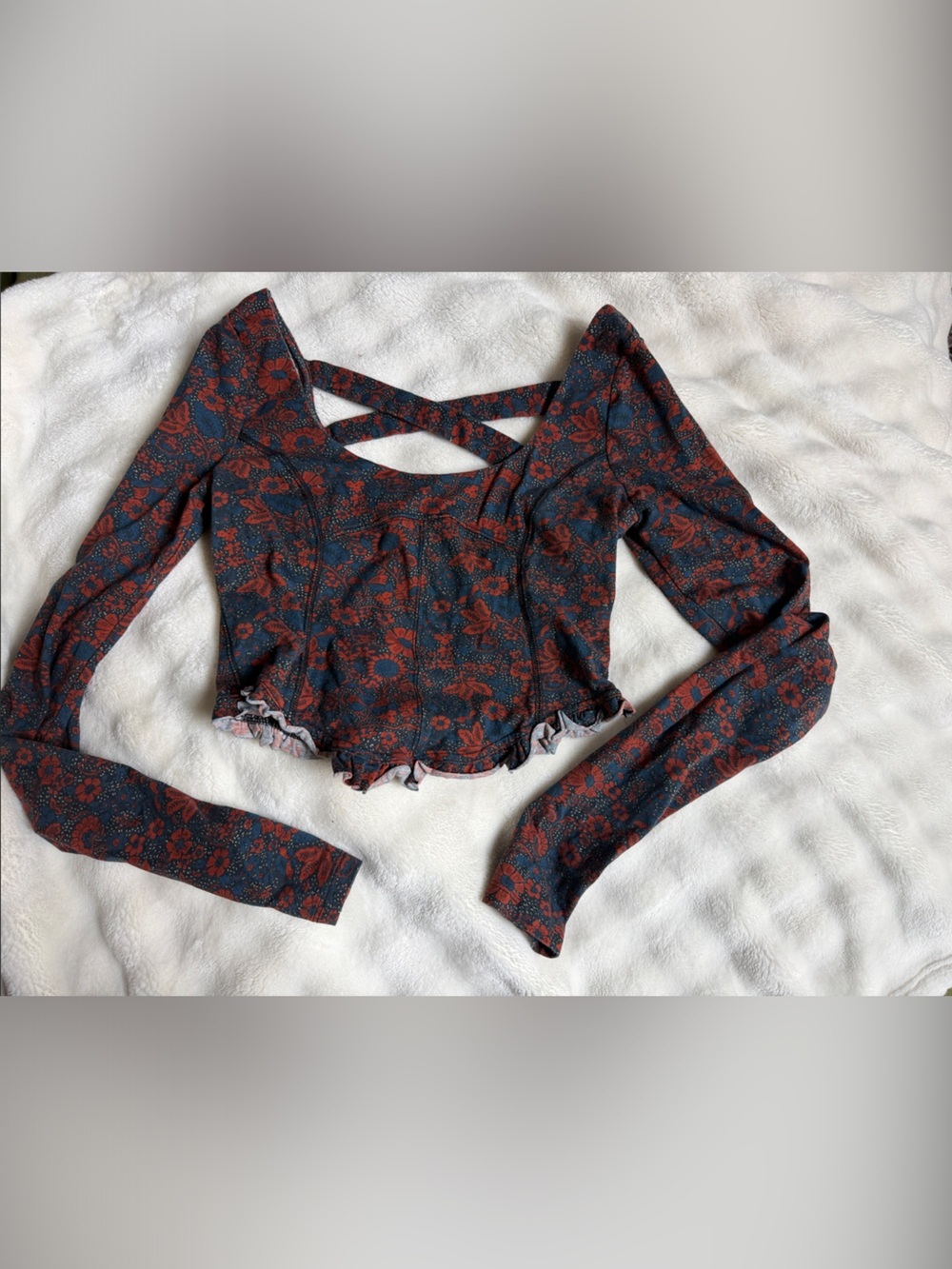 Free People Teal and Rust Floral Long Sleeve Cropped Top with Crossback
